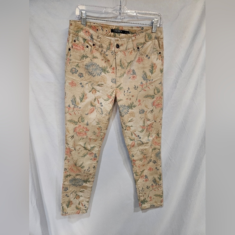 Lauren Ralph Lauren Tan Floral Premium Skinny Ankle Jeans Sz 6